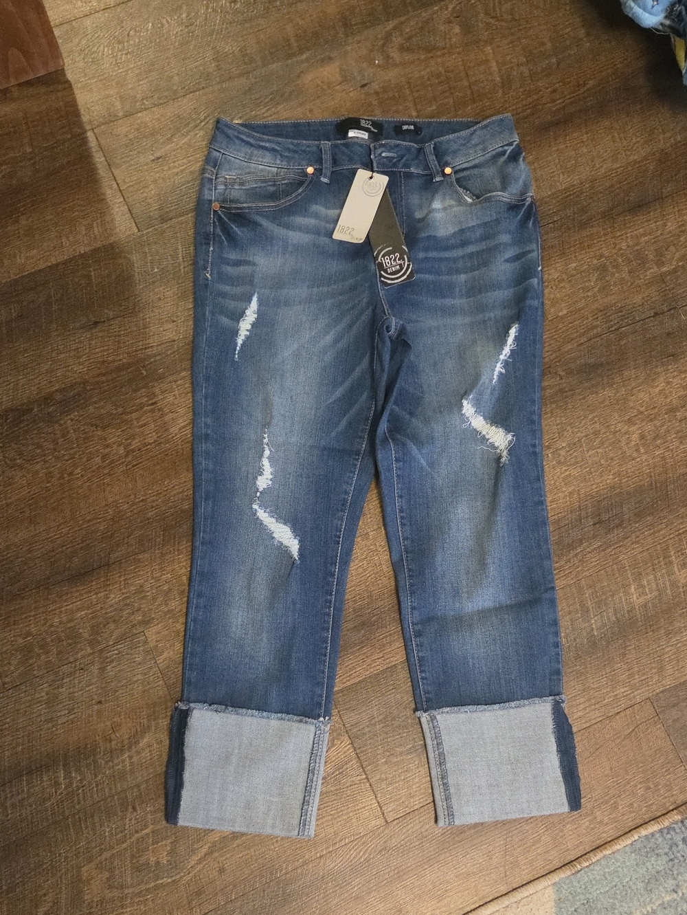 1822 Denim Women's Distressed Boyfriend Jeans in Medium Blue
